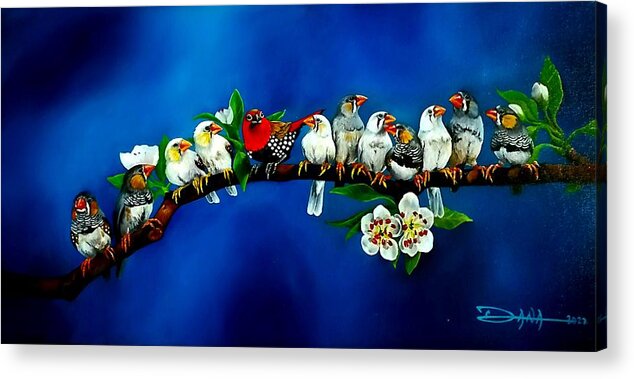 Birds Acrylic Print featuring the painting Who's the new guy by Dana Newman