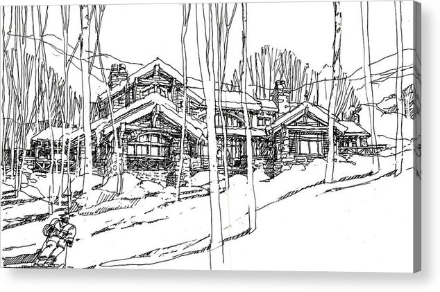 Skiing Between Aspens-simple Linework Acrylic Print featuring the drawing Morning Run by Andrew Drozdowicz