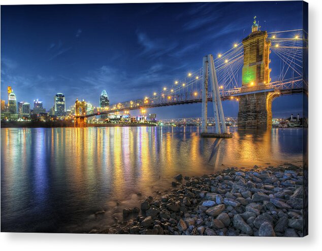 Alep Acrylic Print featuring the photograph Cincinnati Skyline and Bridge at Night by At Lands End Photography