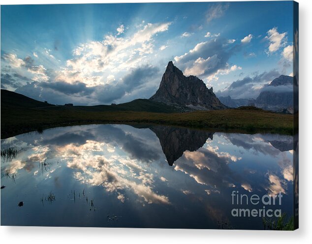 Dolomites Acrylic Print featuring the photograph Mountain peak and clouds reflected in alpine lake in the Dolomit by Matteo Colombo