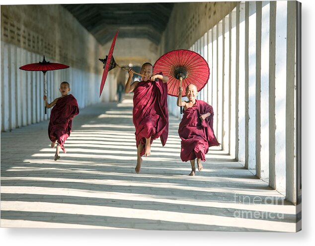 Joy Acrylic Print featuring the photograph Novice monks on the run - Myanmar by Matteo Colombo