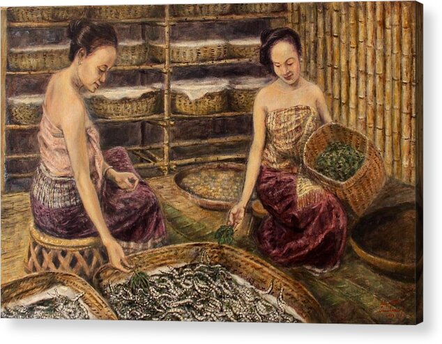 Lao Silk Acrylic Print featuring the painting Raising Silkworms by Sompaseuth Chounlamany