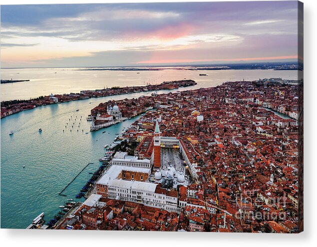 Venice Acrylic Print featuring the photograph Aerial view of sunset in Venice, Veneto, Italy by Matteo Colombo