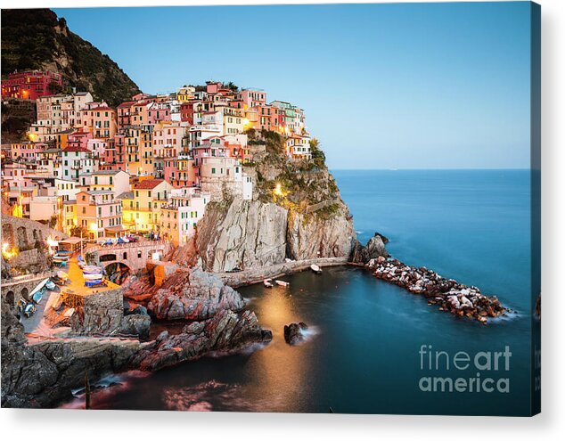 Cinque Terre Acrylic Print featuring the photograph Dusk in Manarola, Cinque Terre, Liguria, Italy by Matteo Colombo
