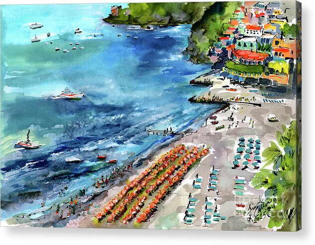 Positano Acrylic Print featuring the painting Positano Summer Beach Italy Watercolors and Ink by Ginette Callaway