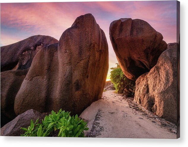 Tropical Acrylic Print featuring the photograph Rocks at sunset by Erika Valkovicova