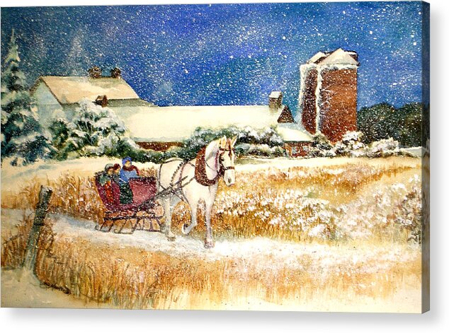 Watercolor;sleigh;horse;barn;silos;winter;snow;sleigh Ride;christmas; Acrylic Print featuring the painting Sleigh Ride at Brickers by Lois Mountz
