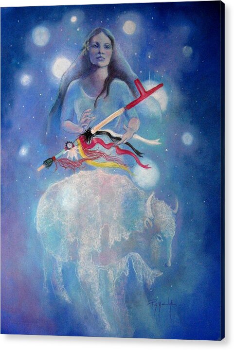 Pleiades Stars White Buffalo Calf Woman  Sacred Pipe Pastel Painting American Indian Acrylic Print featuring the pastel Whtie Buffalo Woman From The Pleiades by Pamela Mccabe