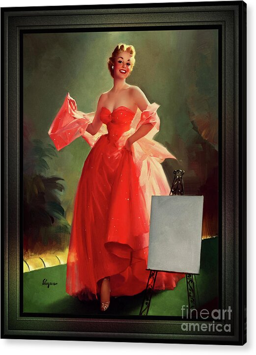 Runway Model Acrylic Print featuring the painting Runway Model In A Pink Dress by Gil Elvgren Pin-up Girl Wall Decor Artwork by Rolando Burbon