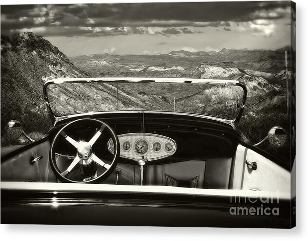 Hotrod Classic Ford Car Transportation Sepia B/w Landscape 30's Old Cool Photograph 50's Acrylic Print featuring the photograph Hotrod Dream by Adam Olsen