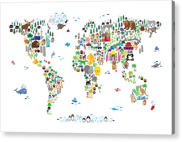 Map Of The World Acrylic Print featuring the digital art Animal Map of the World for children and kids by Michael Tompsett