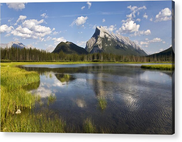 Vermillion Lake And Sulpher Mountain Acrylic Print featuring the photograph Vermillion Lake And Sulpher Mountain by Ken Barrett