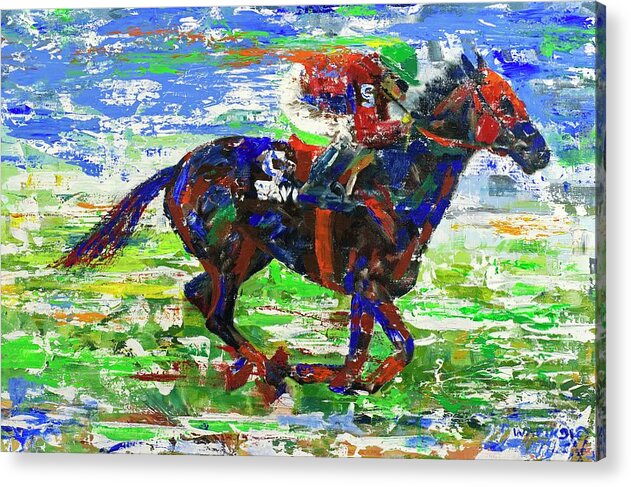 Horse Racing Acrylic Print featuring the painting One Body Length Ahead by Walter Fahmy