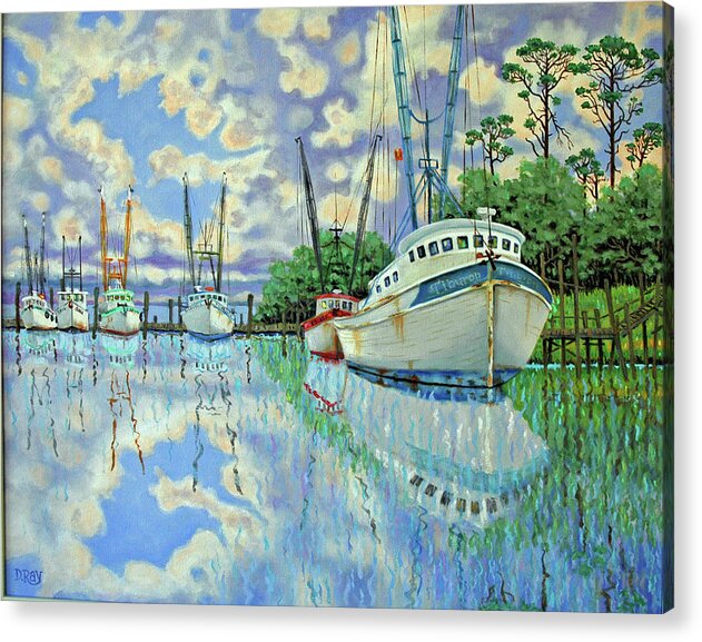 Reflections Acrylic Print featuring the painting Six Shrimp Boats in Off Season by Dwain Ray