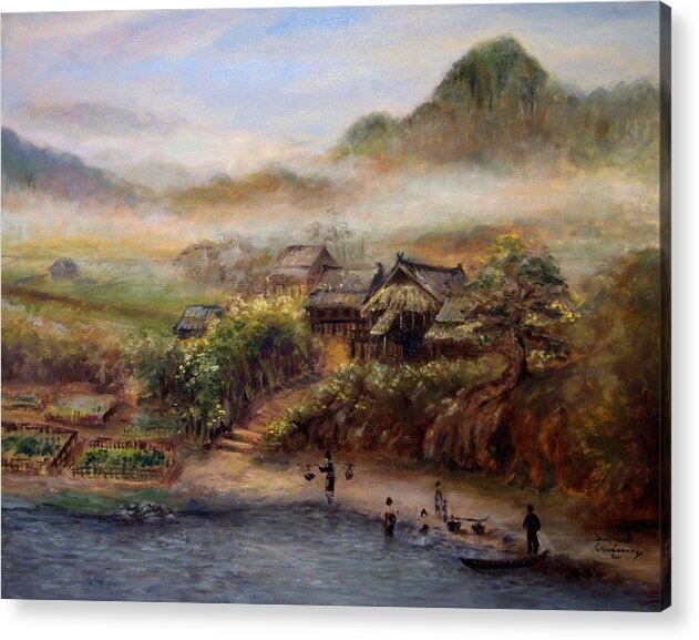 Landscape Acrylic Print featuring the painting Village by Sompaseuth Chounlamany