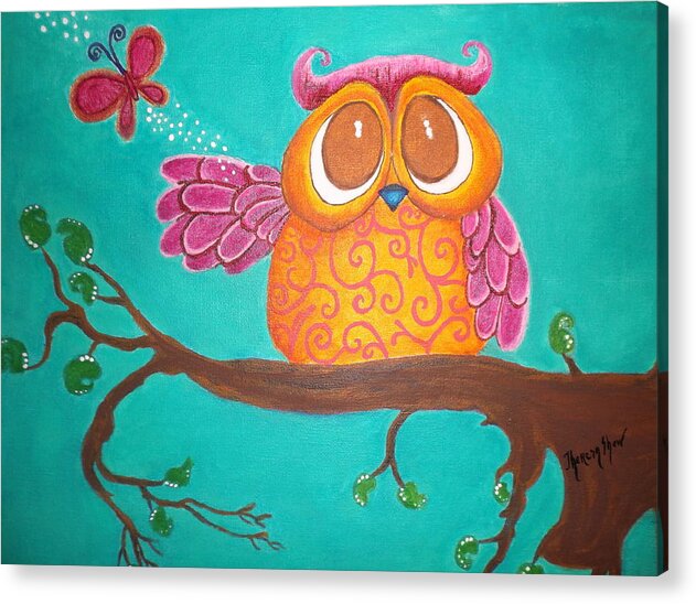 Owl Acrylic Print featuring the painting Owl Releasing Butterfly by Theresa Shaw