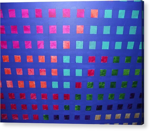 Abstact Blue Squares Red Green Acrylic Print featuring the painting Squares by Rebecca Park