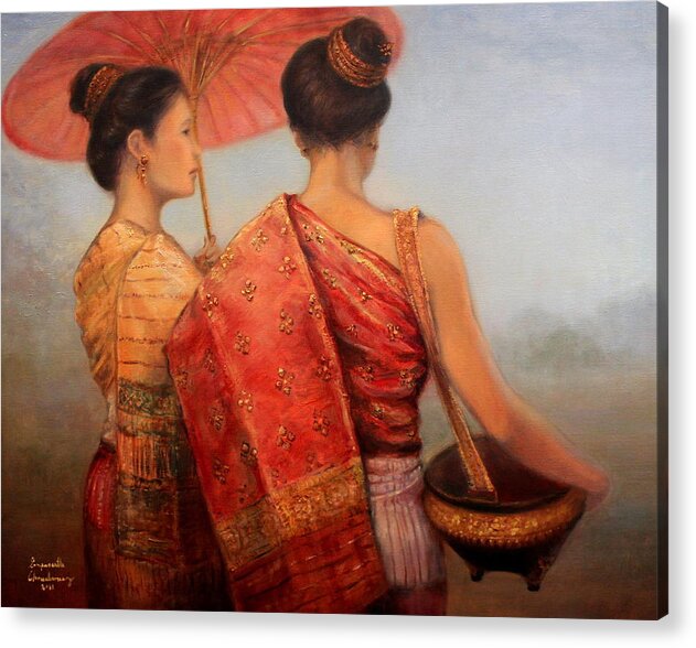 Laos Acrylic Print featuring the painting Viengchan and Luang Prabang by Sompaseuth Chounlamany
