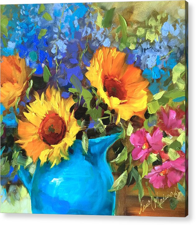 Wild Garden Sunflowers Is A Celebration Of Teal Blues And Warm Gold Sunflowers Acrylic Print featuring the painting Wild Garden Sunflowers by Nancy Medina