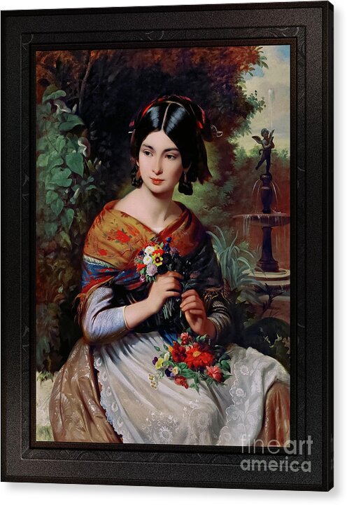 A Girl With Flowers Acrylic Print featuring the painting A Girl With Flowers by Jozsef Borsos Remastered Xzendor7 Fine Art Classical Reproductions by Rolando Burbon