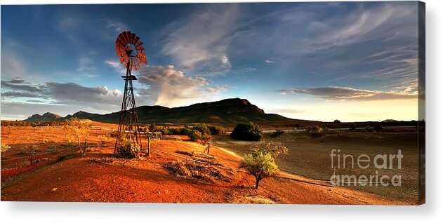 Wilpena Pound Windmill Rawnsley Bluff Flinders Ranges South Australia Australian Landscape Landscapes Early Morning Dam Drought Outback Acrylic Print featuring the photograph Wilpena Pound #14 by Bill Robinson