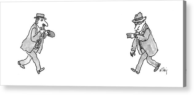 118951 Wst William Steig (two Men Walking In Opposite Directions Looking At Their Watch.) Appointment Early Late Meeting On Punctual Punctuality Schedule Schedules Time Watch Watches Acrylic Print featuring the drawing New Yorker March 12th, 2001 by William Steig