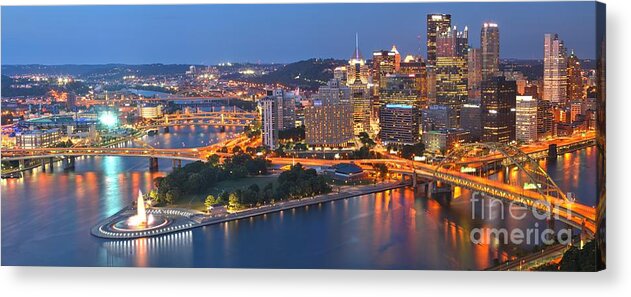 Pittsburgh Skyline Acrylic Print featuring the photograph Bridge To The Pittsburgh Skyline by Adam Jewell