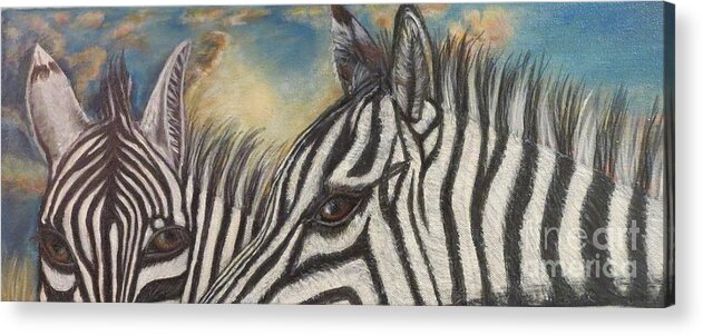 Nature Scene Zebra Paintings Two Zebras With Broad Black And White Stripes Nuzzling Each Other Around The Neck Side View And Warm Romantic Expression In Eyes With Sunrise In Background Animal Paintings Perfect Sentiment For Romantic Or Wedding Cards Or Decor Acrylic Paintings Acrylic Print featuring the painting Our Eyes are the Windows to Our Souls by Kimberlee Baxter