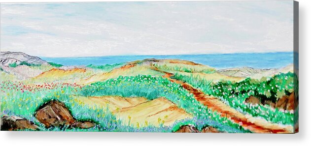 Path Ocean Flowers Nature Hibiscus Dune Saltwater Dubinsky Studio Sky Nature Rocks Dune Beachgrass Tranquil Peace Color Horizon Sky Beach Sand Footpath Hike Explore Peaceful Acrylic Print featuring the pastel Path Of Blossom by Daniel Dubinsky