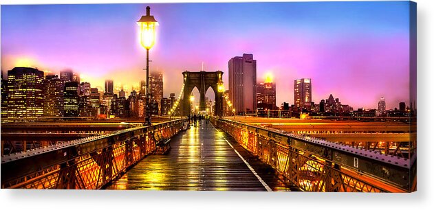 Brooklyn Bridge Acrylic Print featuring the photograph Pink Fog Of New York City by Az Jackson