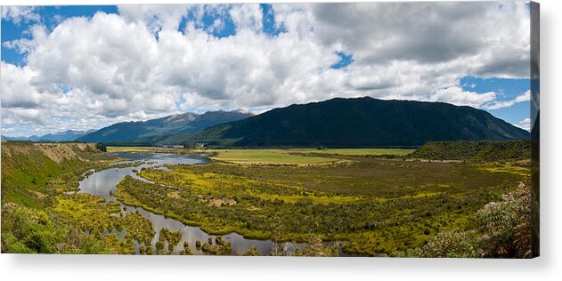 Abstract Acrylic Print featuring the photograph Panorama of Waiau river wetland South New Zealand by U Schade