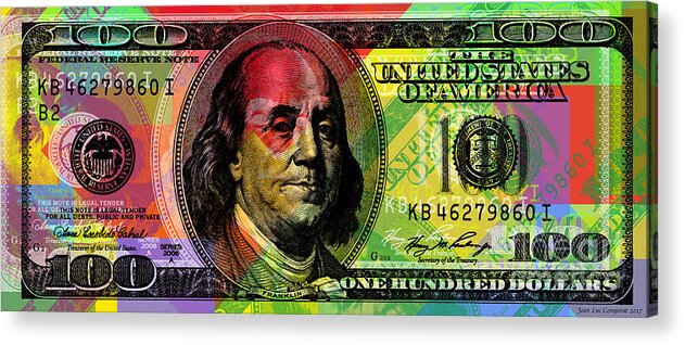 Franklin Acrylic Print featuring the digital art Benjamin Franklin - Full size $100 bank note by Jean luc Comperat