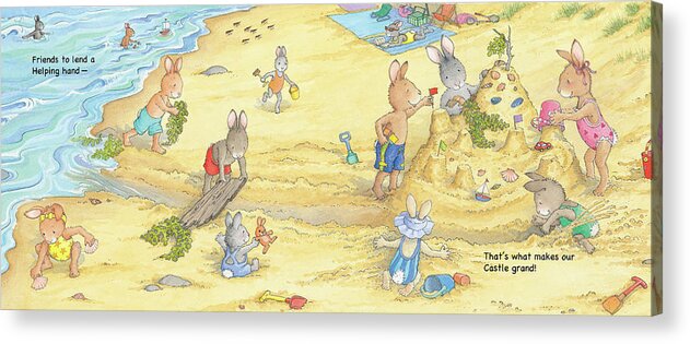 Sunny Bunnies Acrylic Print featuring the painting Building Sandcastles -- With Text by June Goulding