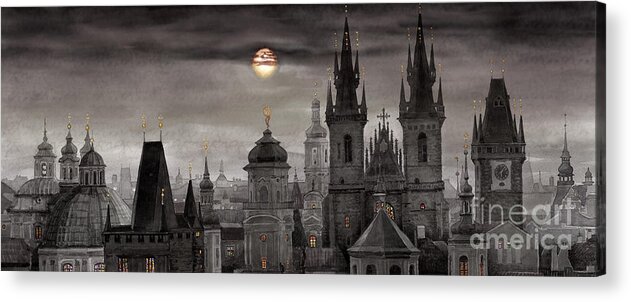 Cityscape Acrylic Print featuring the painting BW Prague City of hundres spiers by Yuriy Shevchuk