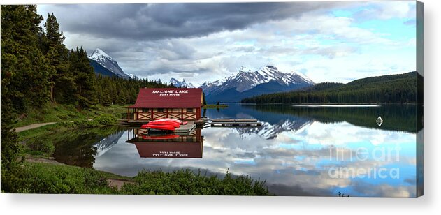 Maligne Lake Acrylic Print featuring the photograph Calm Afternoon Maligne Lake Panorama by Adam Jewell