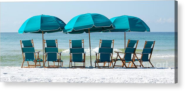 Destin Acrylic Print featuring the photograph Destin Florida Six Beach Chairs and Three Umbrellas Panoramic by Shawn O'Brien