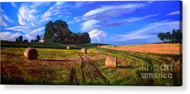 Farm Acrylic Print featuring the painting Hay Rolls on the Farm in oil painting by Christopher Shellhammer