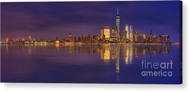 American Express Acrylic Print featuring the photograph Manhattan, New York At Dusk Panoramic View by Laurent Lucuix