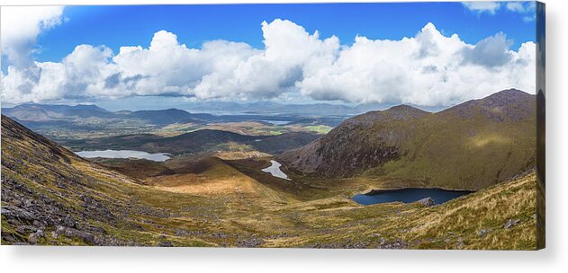 Blue Acrylic Print featuring the photograph Panorama of valleys and mountains in County Kerry on a summer da by Semmick Photo