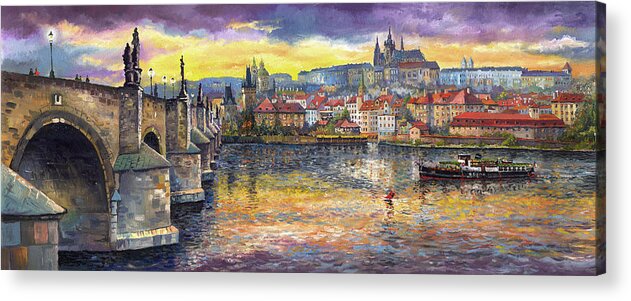 Oil On Canvas Acrylic Print featuring the painting Prague Charles Bridge and Prague Castle with the Vltava River 1 by Yuriy Shevchuk
