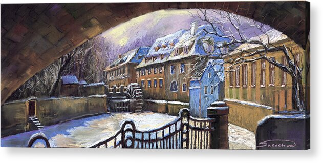 Pastel Acrylic Print featuring the painting Prague Chertovka Winter 01 by Yuriy Shevchuk