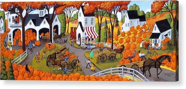 Folk Art Acrylic Print featuring the painting Pumpkin Festival - folk art landscape by Debbie Criswell