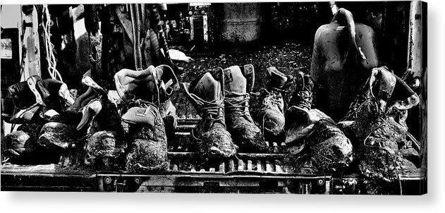 Black And White Acrylic Print featuring the photograph Roofers Tar Boots Take A Break by Jeremy Hall