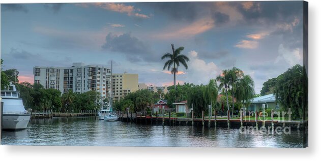 Lauderdale Acrylic Print featuring the photograph sunset South Florida canal by Ules Barnwell