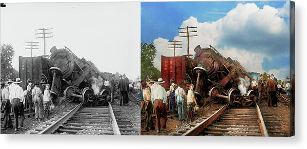 Train Acrylic Print featuring the photograph Train - Accident - Butting heads 1922 - Side by Side by Mike Savad