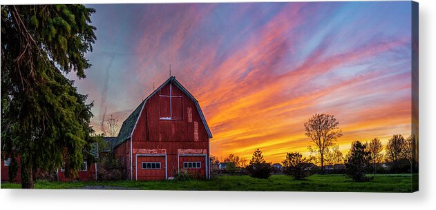 Red Barn At Sunset Acrylic Print featuring the photograph Red Barn At Sunset by Mark Papke