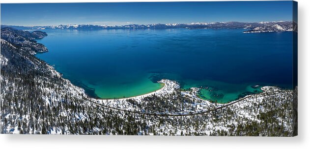Sand Harbor Acrylic Print featuring the photograph Sand Harbor Winter Aerial Panorama by Brad Scott