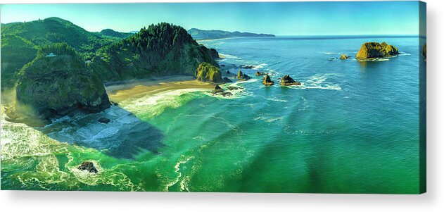 Cape Meares Acrylic Print featuring the photograph Aerial 3-photo pano hovering over the ocean of Short Beach and 3 Arch Rocks, Oregon coast at Sunrise by Chris Anson