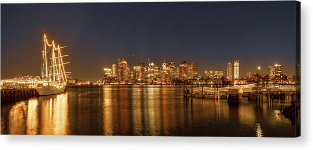 Twilight Acrylic Print featuring the photograph Boston Harbor City Lights and Tall Ship Pano 2 by Lindsay Thomson