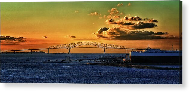 Key Bridge Acrylic Print featuring the photograph Dawn Breaks over the Francis Scott Key Bridge in Baltimore by Bill Swartwout